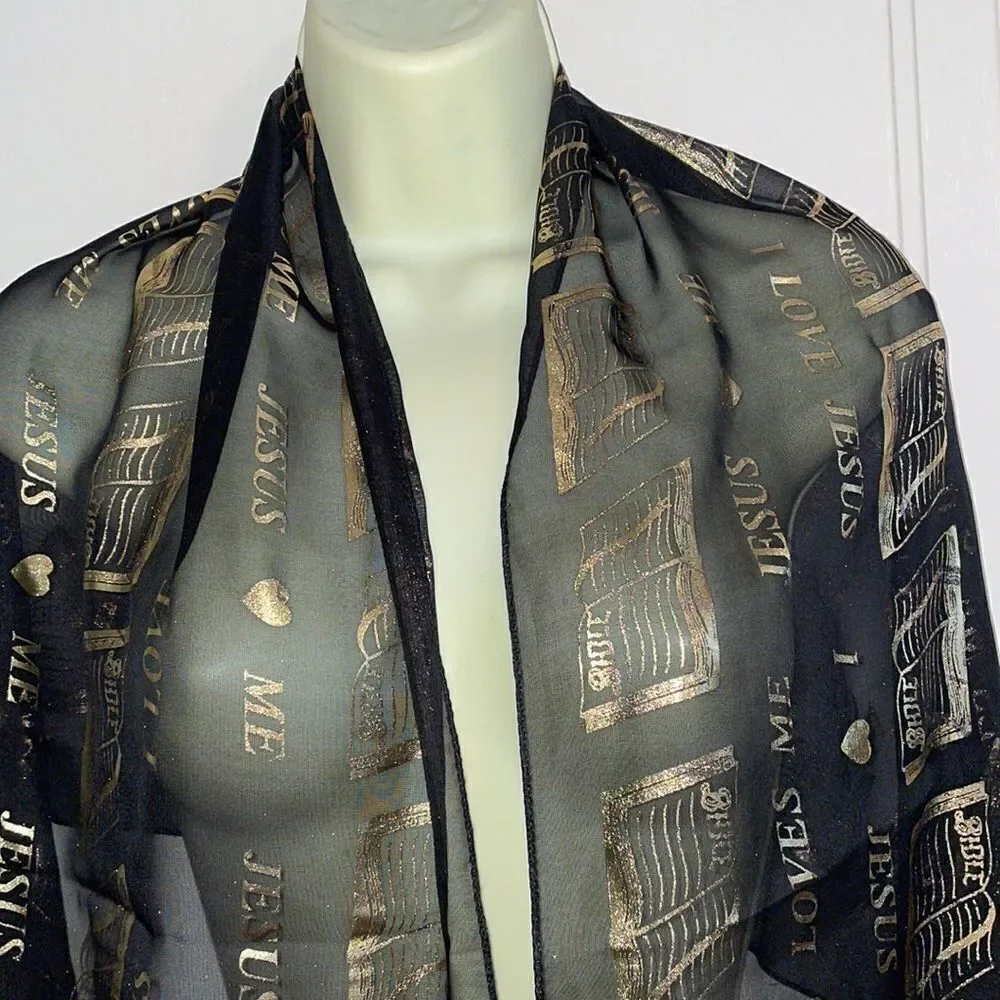 Vtg kitschy‎ black & gold polyester “Jesus Loves Me” & “I love Jesus” scarf wrap